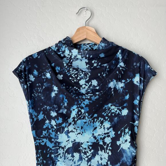 Anthropologie Maya Blue Floral Print Ruched Mesh‎ Cowl Neck Midi Dress Size XS - Picture 5 of 10